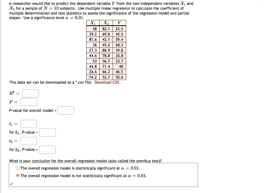 SOLVED: A researcher would like to predict the dependent variable Y from  the two independent variables X and Xz for sample of N 10 subjects. Use multiple  linear regression to calculate the
