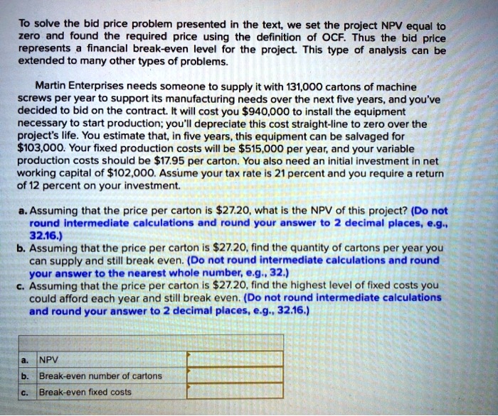 SOLVED To solve the bid price problem presented in the text, we set