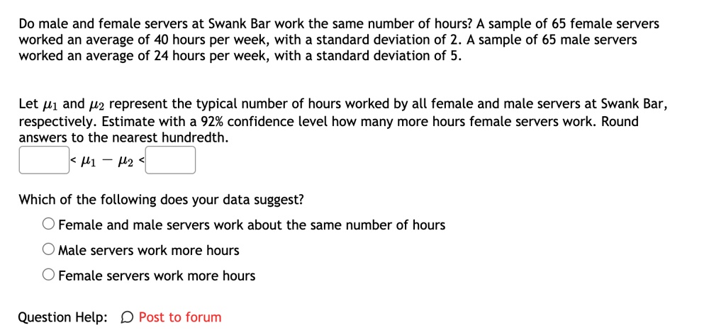 Do male and female servers at Swank Bar work the same number of hours ...