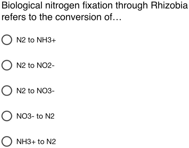 Biological nitrogen fixation through Rhizobia refers to the conversion of...
N2 to NH3+
N2 to NO2-
N2 to NO3-
NO3- to N2
NH3+ to N2