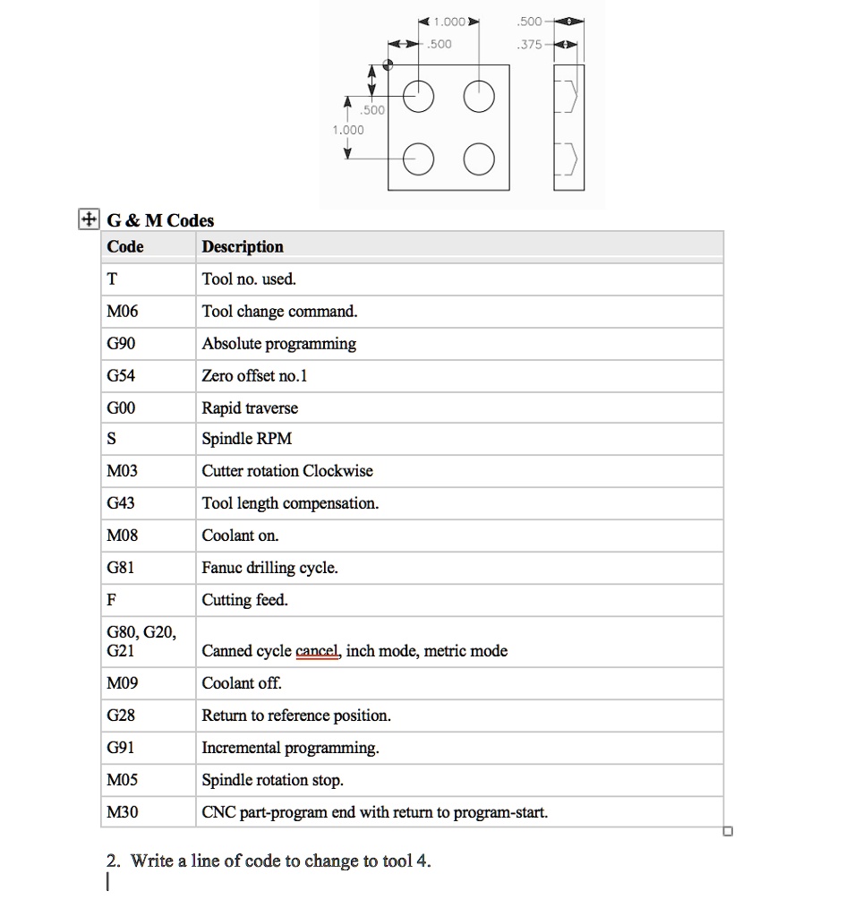 SOLVED 1.000 500 500 0.375 500 1.000 G M Codes Code Description T Tool