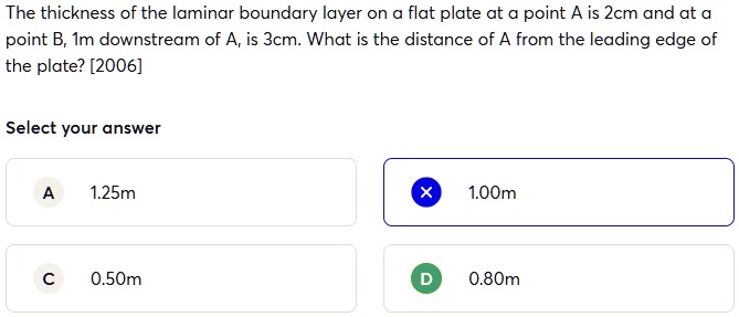 The thickness of the laminar boundary layer on a flat plate at a point ...