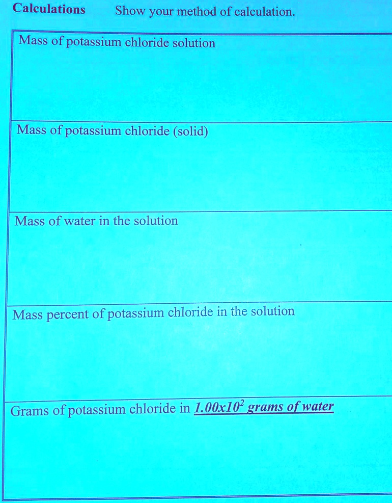 Solved Calculations Show Your Method Of Calculation Mass Of Potassium Chloride Solution Mass