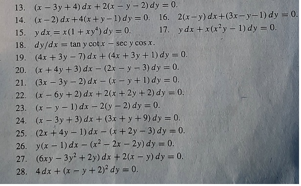 Solved 13 X 3y 4 Dx 26 Y 2 Dy 0 14 X 2 Dx 4 X Y I Dy 0 16 26x Y Dx X Y I Dy 0 15 Ydx X Xy Dy 0 17 Ydx X Xly I Dy 0 18 Dyldx Tan