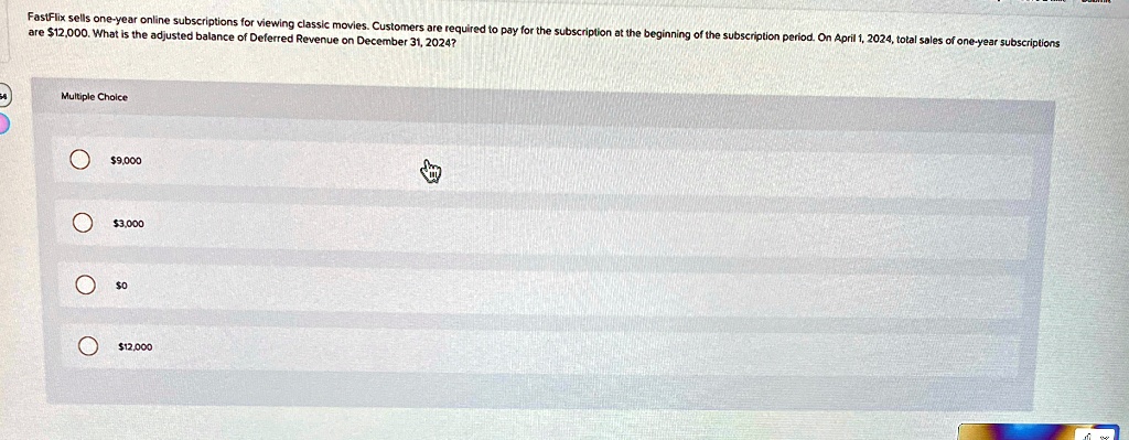 fastflix sells one year online subscriptions for viewing classic movies customers are required to pay for the subscription at the beginning of the subscription period on april 1 2024 total s 09383