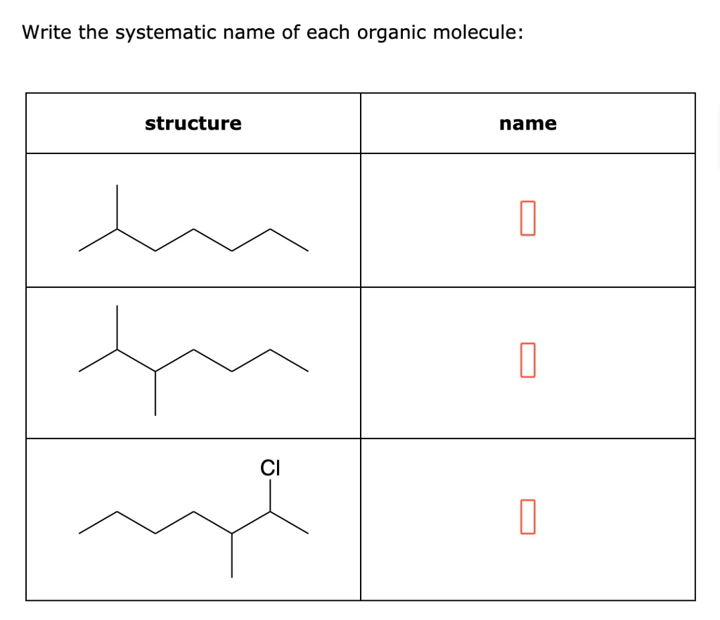 Write the systematic name of each organic molecule structure name