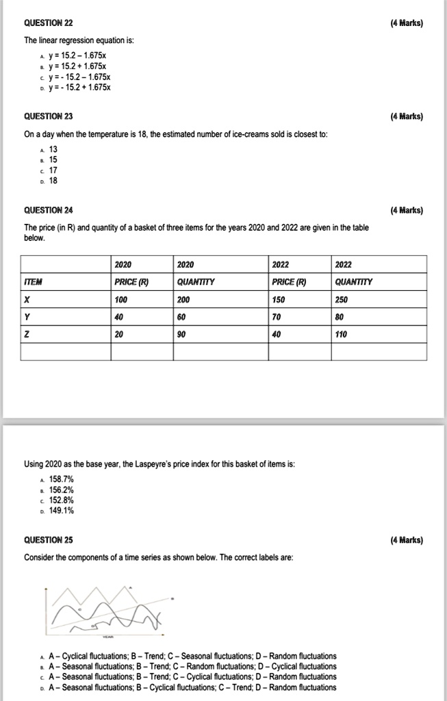question 22 the linear regression equation is a y 152 1675x b y 1521675x c y 152 1675x d y 1521675x 4 marks question 23 on a day when the temperature is 18 the estimated number of ice creams 01683
