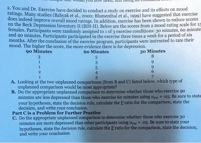 2. You and Dr. Exercise have decided to conduct a study on exercise and its effects on mood ratings. Many studies (Babyak et al., 2000; Blumenthal et al., 1999) have suggested that exercise does indeed improve overall mood ratings. In addition, exercise has been shown to reduce scores on the Beck Depression Inventory II (BDI-II). Below are the scores from a mood rating scale for 15 females. Participants were randomly assigned to 1 of 3 exercise conditions: 30 minutes, 60 minutes and 90 minutes. Participants participated in the exercise three times a week for a period of six months. After the conclusion of the exercise program, participants were instructed to rate their mood. The higher the score, the more evidence there is for depression.
90 Minutes 60 Minutes 30 Minutes
3 5 8
1 3 9
1 5 9
2 4 6
1 5 7
A. Looking at the two unplanned comparisons (from B and C) listed below, which type of unplanned comparison would be most appropriate?
B. Do the appropriate unplanned comparison to determine whether those who exercise 90 minutes are less depressed than those who exercise 60 minutes using ?FW = .05. Be sure to state your hypotheses, state the decision rule, calculate the F ratio for the comparison, state the decision, and write your conclusion.
Part C is a Problem for Further Practice
C. Do the appropriate unplanned comparison to determine whether those who exercise 30 minutes are more depressed than other participants using ?FW = .05. Be sure to state your hypotheses, state the decision rule, calculate the F ratio for the comparison, state the decision, and write your conclusion.