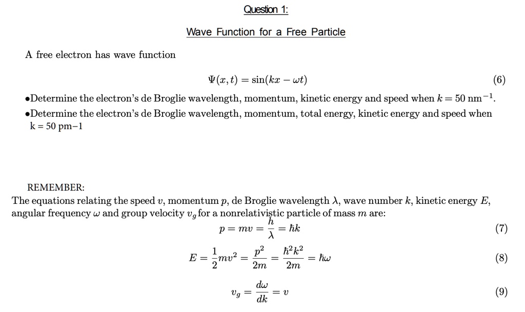 Solved Question 1 Wave Function For A Free Particle A Free Electron