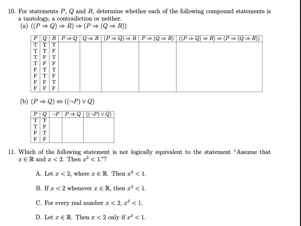 Solved 10 For Statements P Q And R Determine Whether Each Of The Following Compound Statements Is Tautology Contradiction Or Neither P 7r P Q R P Q Q