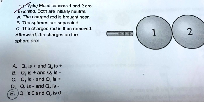 Metal spheres 1 and 2 are touching. Both are initially neutral. A. The charged rod is brought near. B. The spheres are separated. C. The charged rod is then removed. Afterward, the charges on the sphere are: A. Q1 is + and Q2 is + B. Q1 is + and Q2 is - C. Q1 is - and Q2 is + D. Q1 is - and Q2 is - E. Q1 is 0 and Q2 is 0