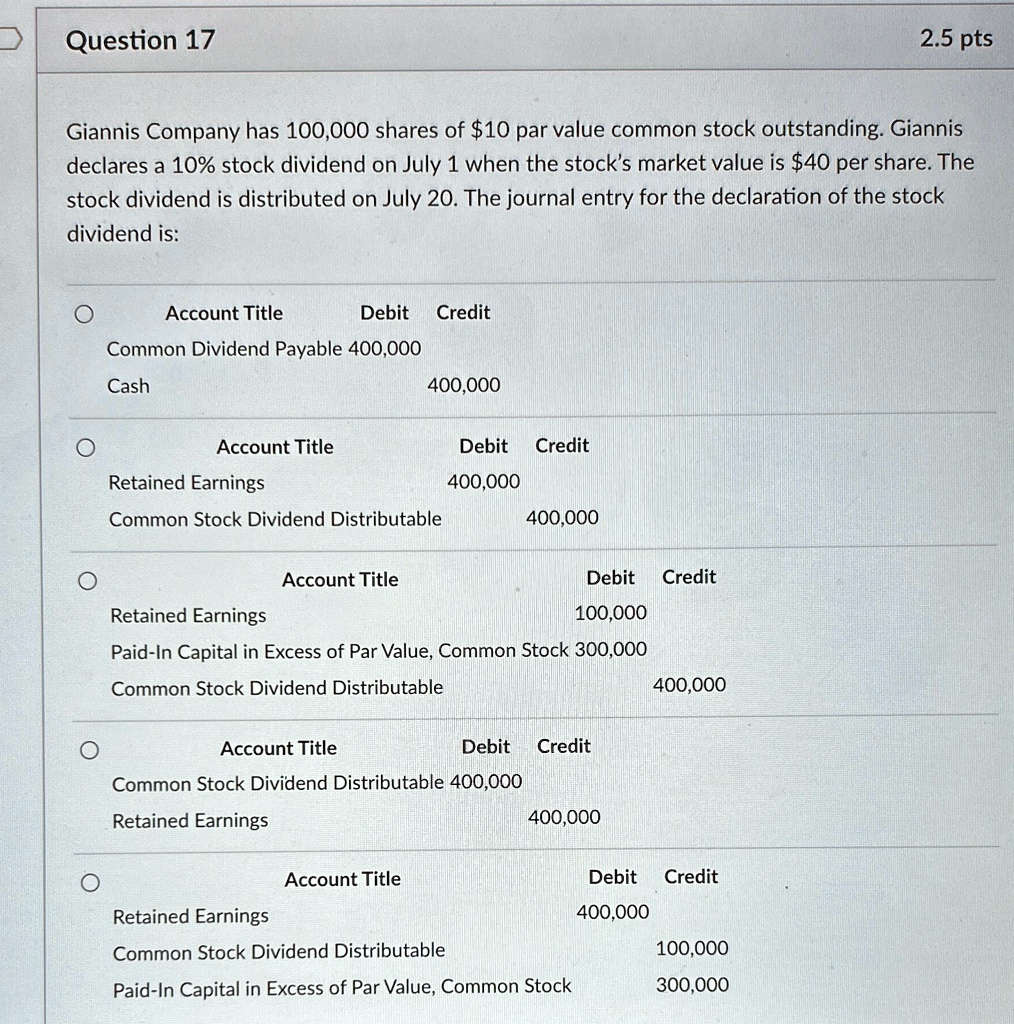 Question 17
2.5 pts
Giannis Company has 100,000 shares of 10 par value common stock outstanding. Giannis
declares a 10% stock dividend on July 1 when the stock's market value is $40 per share. The
stock dividend is distributed on July 20. The journal entry for the declaration of the stock
dividend is:
Account Title	Debit	Credit
Common Dividend Payable	400,000
Cash		400,000
Account Title	Debit	Credit
Retained Earnings	400,000
Common Stock Dividend Distributable		400,000
Account Title	Debit	Credit
Retained Earnings	100,000
Paid-In Capital in Excess of Par Value, Common Stock	300,000
Common Stock Dividend Distributable		400,000
Account Title	Debit	Credit
Common Stock Dividend Distributable	400,000
Retained Earnings		400,000
Account Title	Debit	Credit
Retained Earnings	400,000
Common Stock Dividend Distributable		100,000
Paid-In Capital in Excess of Par Value, Common Stock		300,000