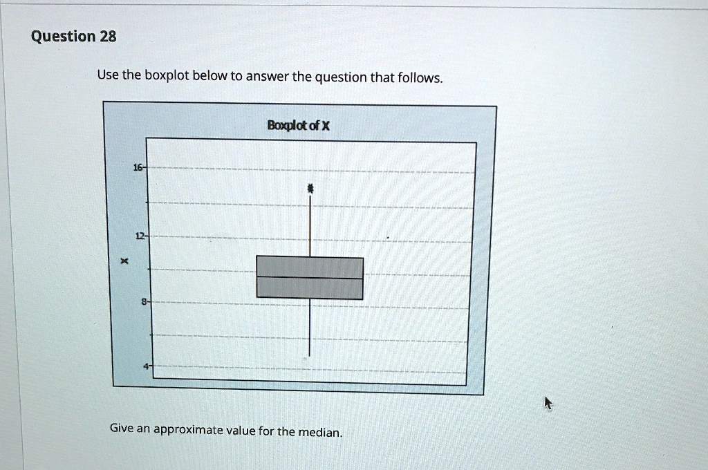 SOLVED: Question 28 Use the boxplot below to answer the question that ...