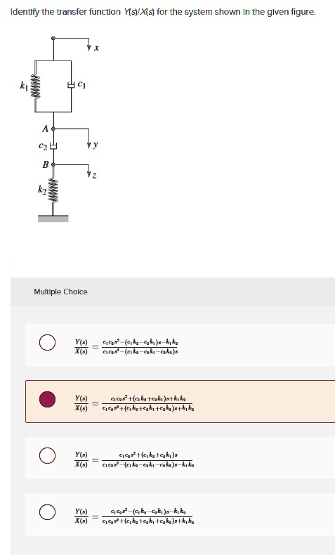 Identify the transfer function Y(s)/X(s) for the system shown in the given figure.
Multiple Choice
(Y(s))/(X(s)) = (c1c2s^2 - (c1k2 - c2k1)s - k1k2)/(c1c2s^2 - (c1k2 - c2k1)s - k1k2)
(Y(s))/(X(s)) = (c1c2s^2 + (c1k2 + c2k1)s + k1k2)/(c1c2s^2 + (c1k2 + c2k1)s + k1k2)
(Y(s))/(X(s)) = (c1c2s^2 + (c1k2 + c2k1)s)/(c1c2s^2 - (c1k2 - c2k1)s - k1k2)
(Y(s))/(X(s)) = (c1c2s^2 - (c1k2 - c2k1)s - k1k2)/(c1c2s^2 + (c1k2 + c2k1)s + k1k2)