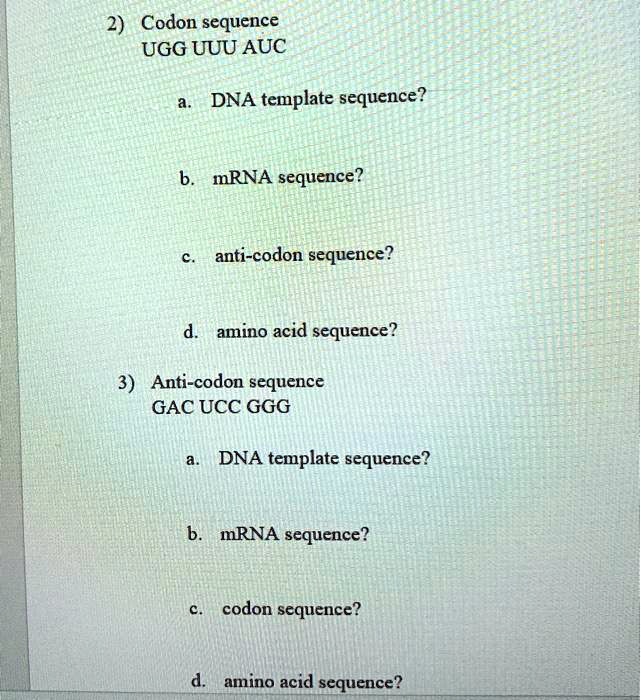 SOLVED 2) Codon sequence UGG UUU AUC DNA template sequence? mRNA