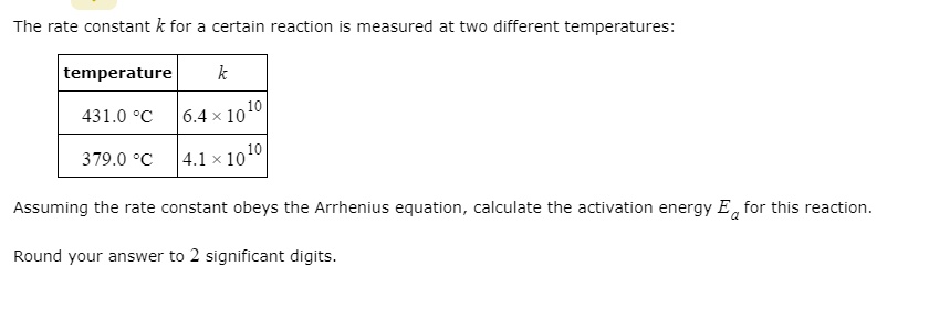SOLVED: The rate constant k for certain reaction is measured at two ...