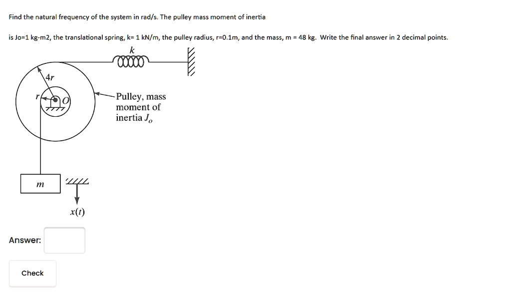 Find the natural frequency of the system in rad/s. The pulley mass ...