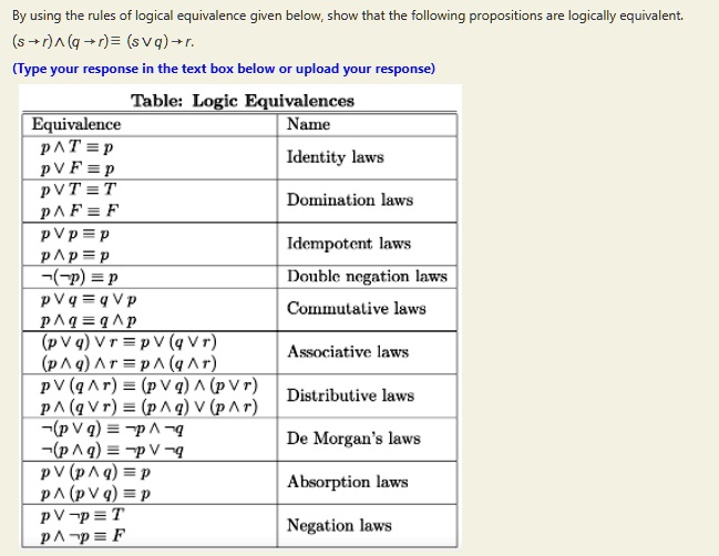 SOLVED: By using the rules of logical equivalence given below, show ...