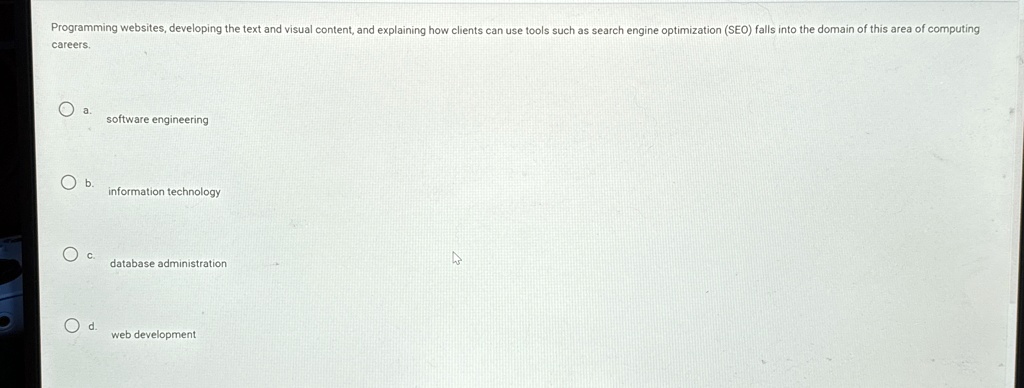 programming websites developing the text and visual content and explaining how clients can use tools such as search engine optimization seo falls into the domain of this area of computing ca 57801