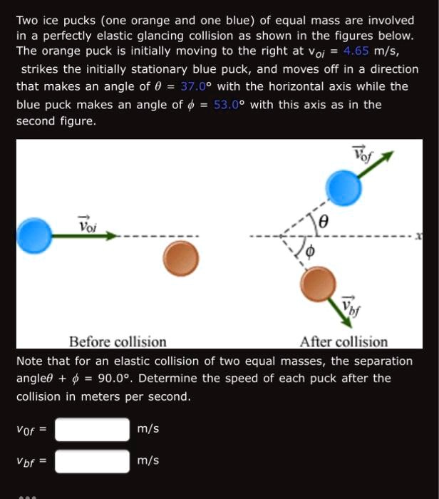 SOLVED: Two ice pucks (one orange and one blue) of equal mass are ...