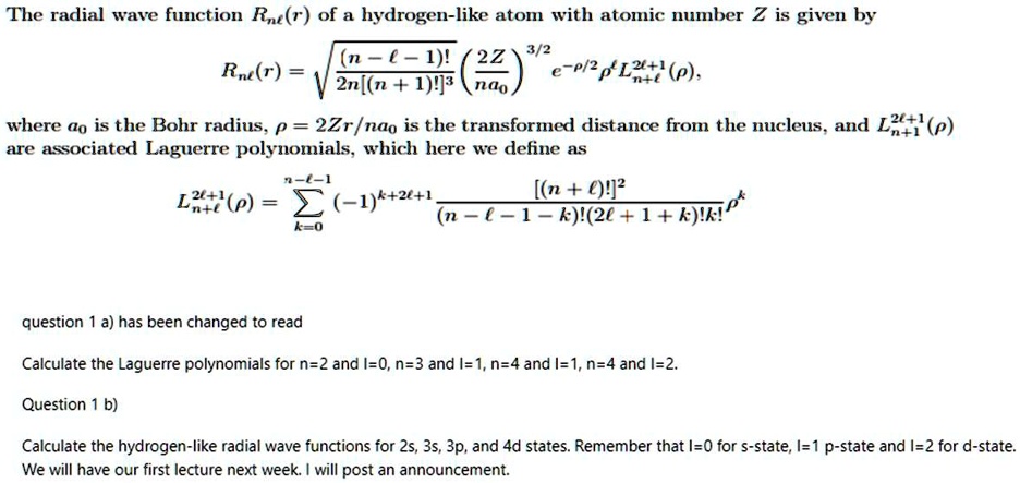 SOLVED: The radial wave function Rne(r) of a hydrogen-like atom with ...