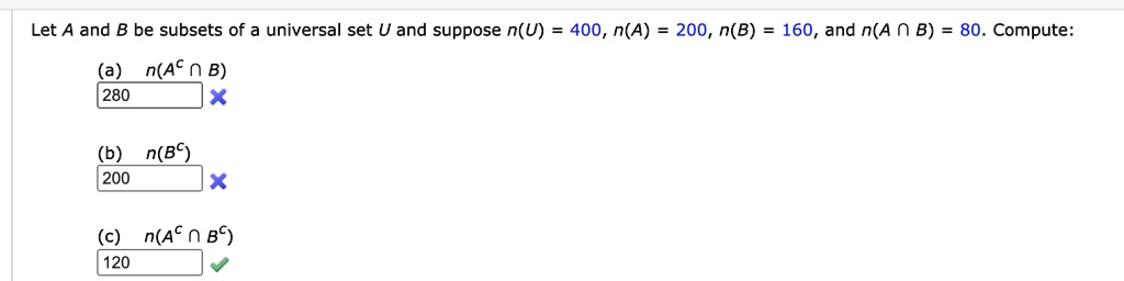 Let A and B be subsets of a universal set U and suppose n(U) = 400, n(A) = 200, n(B) = 160, and n(A ? B) = 80. Compute:
(a) n(A? ? B)
280
(b) n(B?)
200
(c) n(A? ? B?)
120