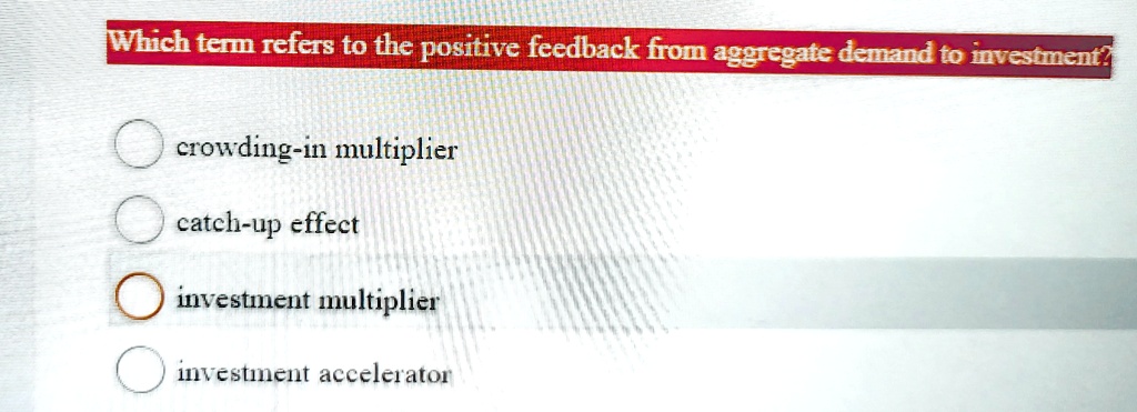 Which term refers to the positive feedback from aggregate demand to investment?
crowding-in multiplier
catch-up effect
investment multiplier
investment accelerator