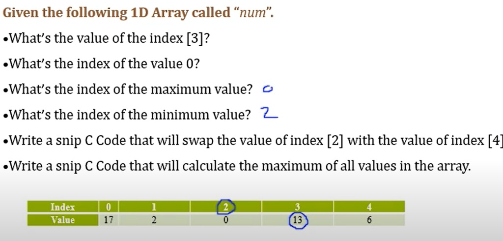 Given the following 1D Array called "num". •What's the value of the ...
