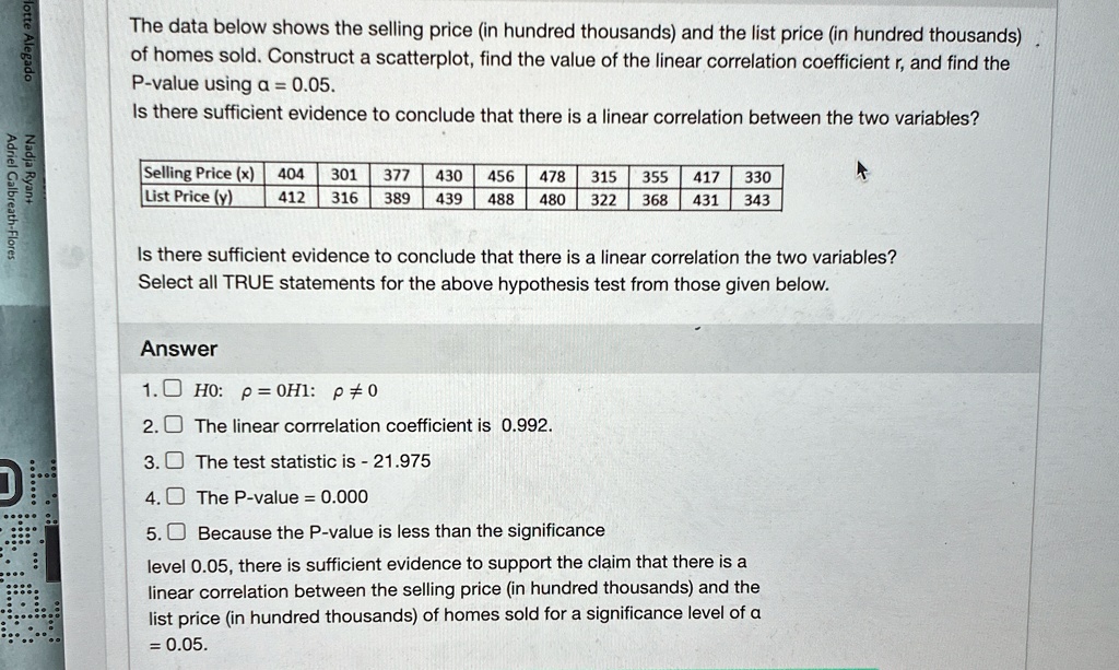 the data below shows the selling price in hundred thousands and the list price in hundred thousands of homes sold construct a scatterplot find the value of the linear correlation coefficient 13326