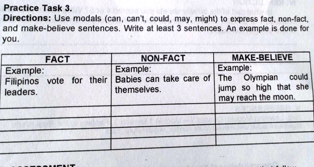 Solved Pwede Po Pa Answer Nito Nakalimutan Ko Na Aksi Kung Paano To Practice Task 3 Directions Use Modals Can Can T Could May Might To Express Fact Non Fact And Make Believe Sentences