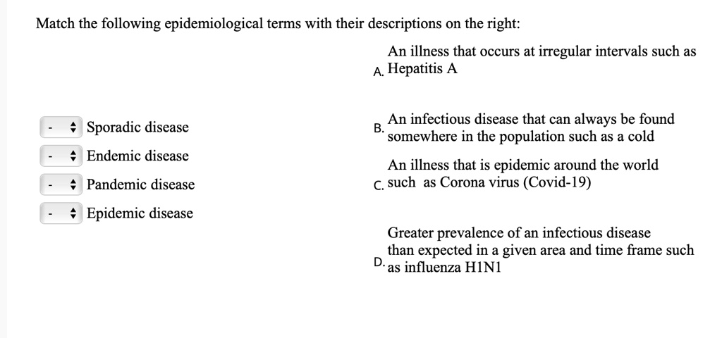 Match the following epidemiological terms with their descriptions on the right:

Sporadic disease
Endemic disease
Pandemic disease
Epidemic disease

An illness that occurs at irregular intervals such as
A. Hepatitis A

An infectious disease that can always be found
B. somewhere in the population such as a cold

An illness that is epidemic around the world
C. such as Corona virus (Covid-19)

Greater prevalence of an infectious disease
than expected in a given area and time frame such
D. as influenza H1N1