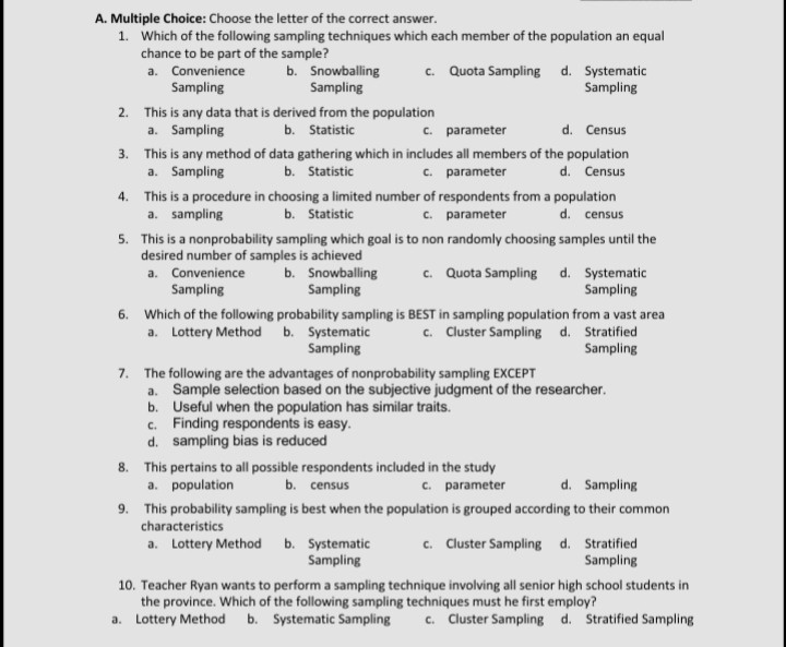 SOLVED: A. Multiple Choice: Choose the letter of the correct answer. 1 ...