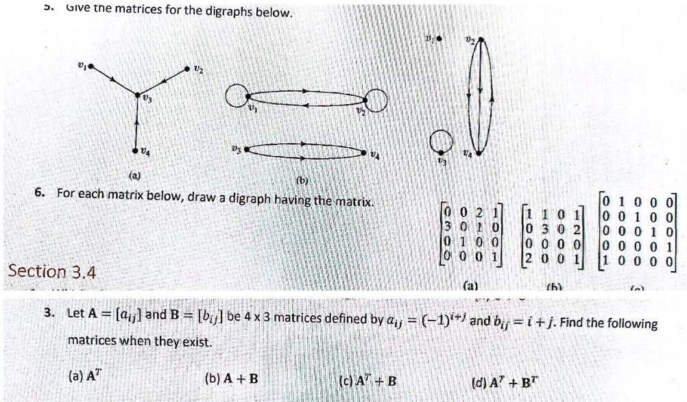 Give the matrices for the digraphs below for each matrix...