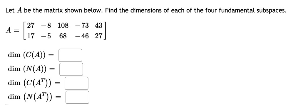 SOLVED: Let A Be The Matrix Shown Below. Find The Dimensions Of Each Of ...