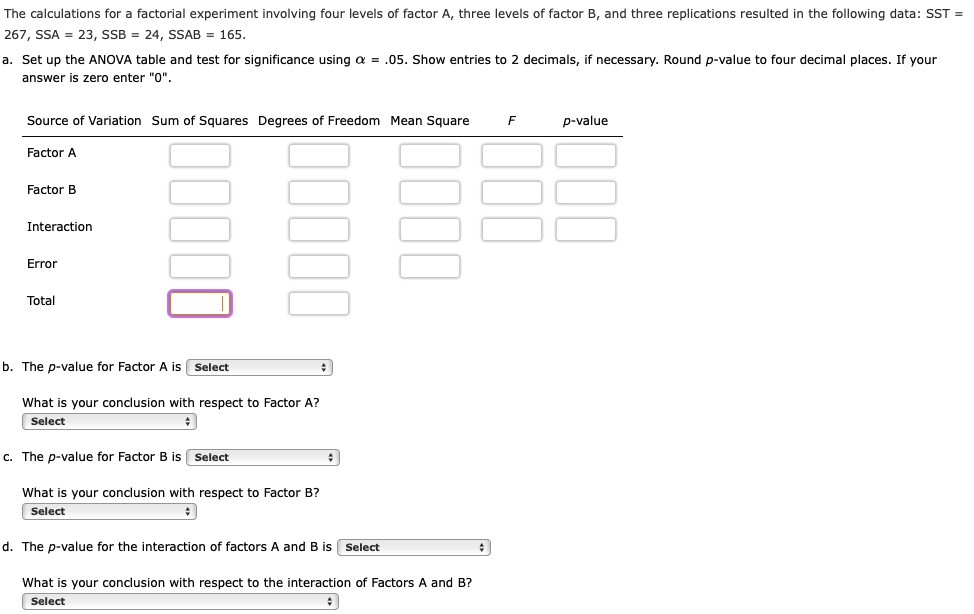 SOLVED: The calculations for a factorial experiment involving four ...