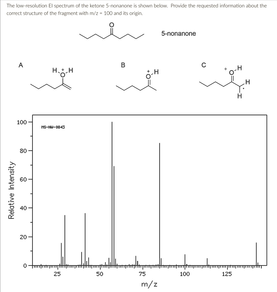 Relative Intensity
The low-resolution El spectrum of the ketone 5-nonanone is shown below. Provide the requested information about the
correct structure of the fragment with m/z = 100 and its origin.
A
5-nonanone
B
C
H+H
+H
+O+H
H
100
MS-NW-0843
80
60
40
20
0
25
50
75
100
125
m/z