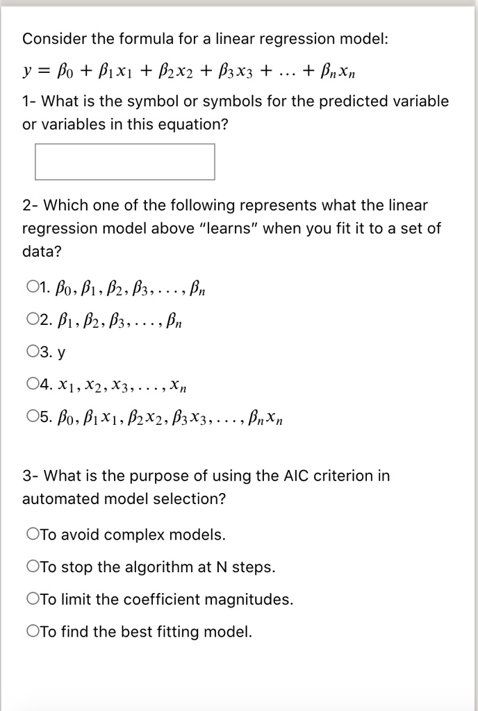consider the formula for a linear regression model y bo b1x1 b2x2 b3x3 ...