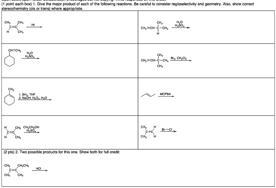 (1 point each box) 1. Give the major product of each of the following reactions. Be careful to consider regioselectivity and geometry. Also, show correct stereochemistry (cis or trans) where appropriate.CH3
CH3
HI
C=C
H
CH3
CH=CH2
H2O
H2SO4
CH3
1. BH3, THF
2. NaOH, H2O2, H2O
H
CH3 CH3CH2OH
C=C
H2SO4
H
CH3
(2 pts) 2. Two possible products for this one. Show both for full credit:
CH3
CH2CH3
HCI
CH3
CH3
CH3
CH2=CH-C-CH3
H2O
H2SO4
H
CH3
CH2=CH-C-CH3
Br2, CH2Cl2
CH3
MCPBA
CH3 H
C=C
CH3 H
Br-Cl