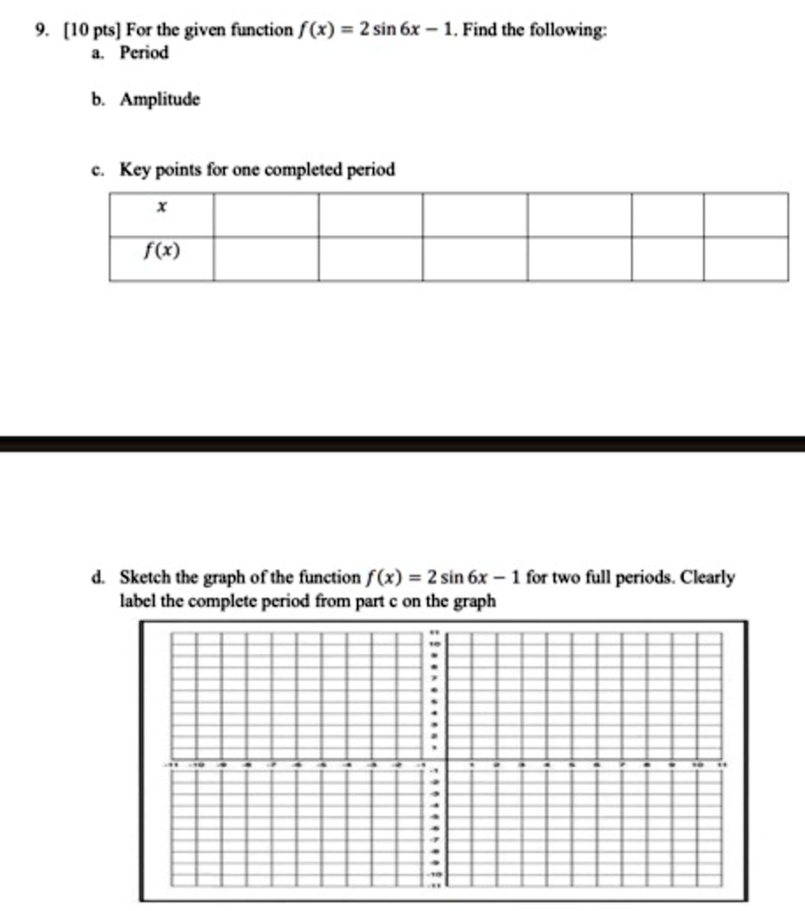 9. [10 pts] For the given function f(x) = 2 sin 6x - 1. Find the ...
