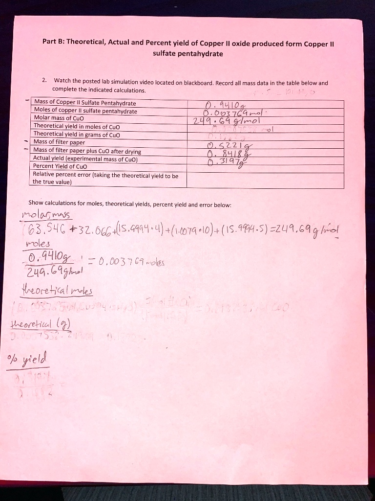 part b theoretical actual and percent vield of copper il oxide produced form copper sulfate pental hydrate watch the posted lab simulation video located on blackboard record all mass data in 46066