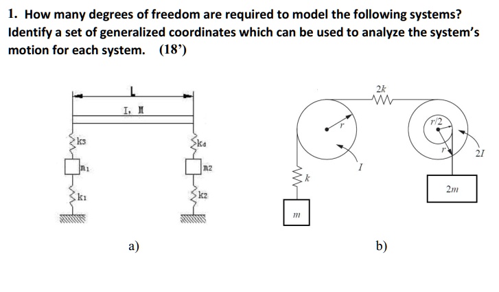 1. How many degrees of freedom are required to model the following systems? Identify a set of generalized coordinates which can be used to analyze the system's motion for each system. (18')