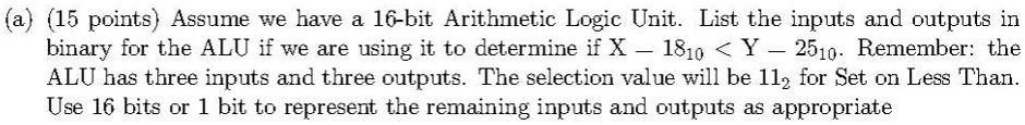 Assume we have a 16-bit Arithmetic Logic Unit. List the inputs and ...