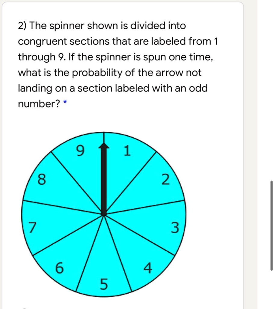 SOLVED: 'A.1/3 B.3/8 C.4/9 D.4/8 2) The spinner shown is divided into ...