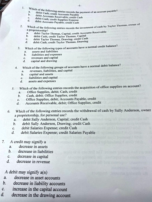 SOLVED 1 6 debit Cash; credit Accounts Payable c. d. debit Cash; credit Supplies Expense debit