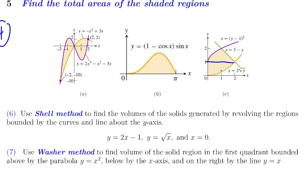 Solved 5 Find The Total Areas Of The Shaded Regions 3r 3x 2 R J J Cosx Sin X R J 2 X Sr 7x 2 10 Iof 9 Use Shell Method To