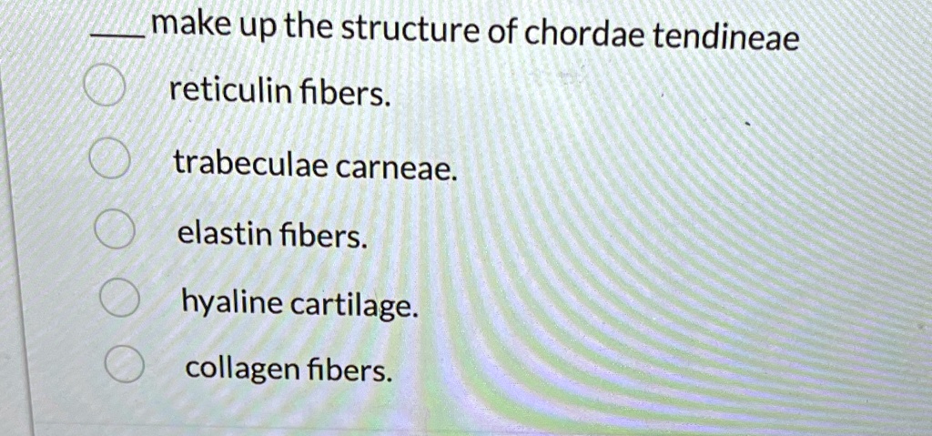 q make up the structure of chordae tendineae reticulin fibers trabeculae carneae elastin fibers hyaline cartilage collagen fibers make up the structure of chordae tendineae reticulin fibers  80168