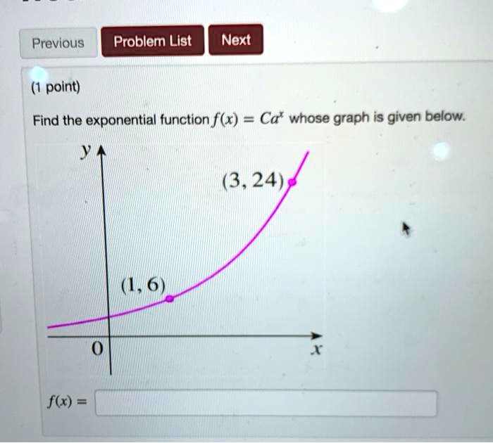 (1 point)

Find the exponential function f(x) = Ca^x whose graph is given below.

y
(3, 24)
(1, 6)
0
x

f(x) =