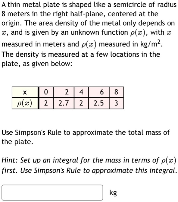 SOLVED A thin metal plate is shaped like a semicircle of radius 8