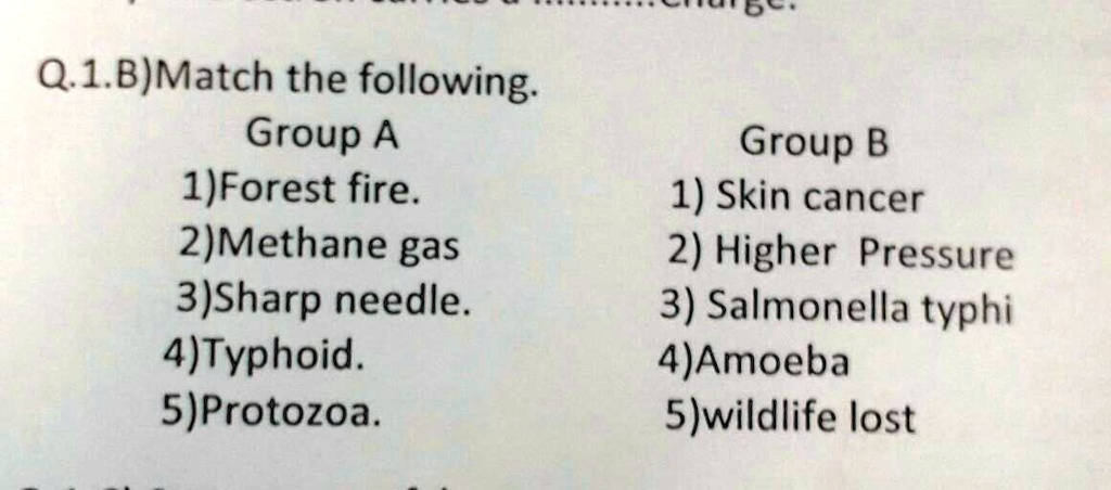 Q.1.B)Match the following.
Group A
1) Forest fire.
2) Methane gas
3)Sharp needle.
4) Typhoid.
5)Protozoa.
Group B
1) Skin cancer
2) Higher Pressure
3) Salmonella typhi
4)Amoeba
5)wildlife lost
