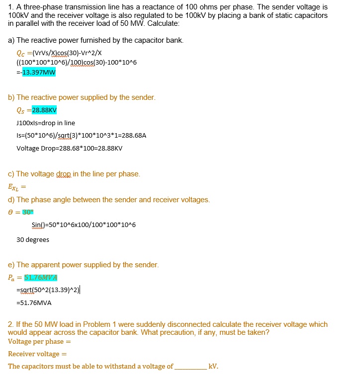SOLVED A threephase transmission line has a reactance of 100 ohms per